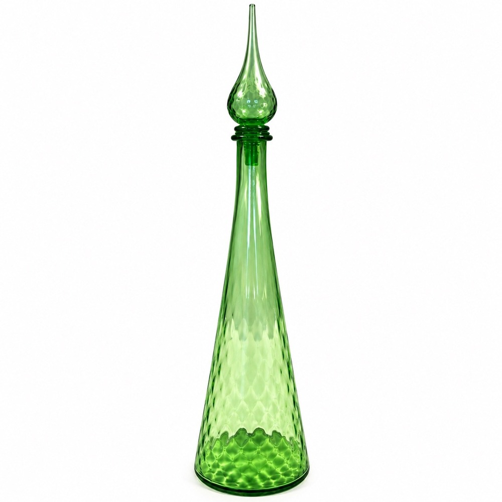 Vintage Green Glass Genie Bottle Decanter 25" Flame Stopper MCM Art Glass